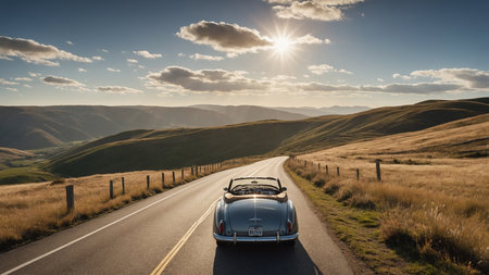 A classic convertible car cruises along a picturesque countryside road, surrounded by rolling hills and bathed in the warm glow of the setting sun, creating a serene and timeless landscape view. AI generated imageの写真素材