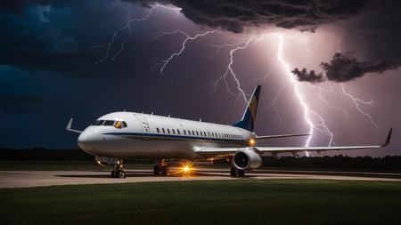 The image showcases a large aircraft stationed on a runway at night, with multiple lightning bolts illuminating the stormy sky in the background, creating a dramatic and powerful scene. AI generated imageの写真素材