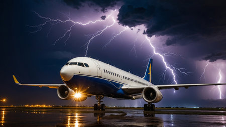 The image showcases a large aircraft stationed on a runway at night, with multiple lightning bolts illuminating the stormy sky in the background, creating a dramatic and powerful scene. AI generated imageの写真素材