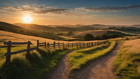 A picturesque sunset casts a warm glow over a tranquil countryside scene featuring a dirt road flanked by wooden fences and surrounded by lush, green grass with a summer ambiance. AI generated imageの写真素材