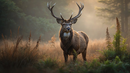 A majestic stag with impressive antlers stands in a foggy forest, surrounded by tall grass and trees, creating a serene and mysterious atmosphere on a misty morning. AI generated imageの写真素材