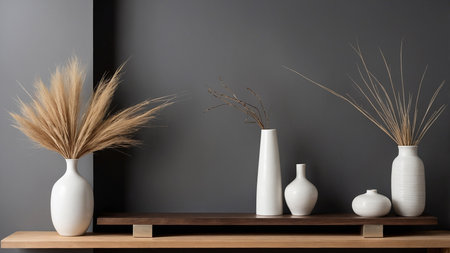 A beautifully arranged minimalist home decor scene featuring white vases and dry plants set on a dual-tone wooden shelf with a dark background. The design emphasizes simplicity and elegance, creating a calm and serene atmosphere ideal for modern interiors. AI generated imageの写真素材