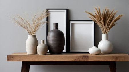 The image showcases a minimalist arrangement featuring elegant vases with dried plants and blank...