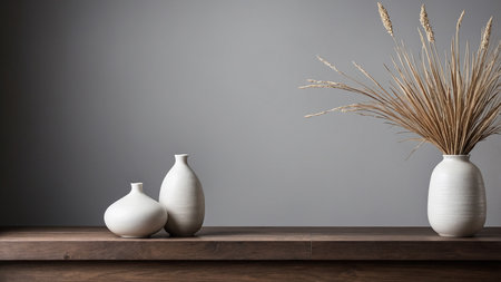 A beautifully arranged minimalist home decor scene featuring white vases and dry plants set on a dual-tone wooden shelf with a dark background. The design emphasizes simplicity and elegance, creating a calm and serene atmosphere ideal for modern interiors. AI generated imageの写真素材