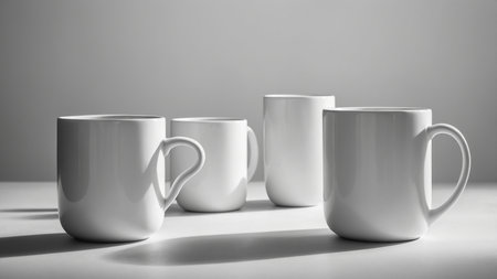 This monochrome image showcases four white ceramic coffee mugs with prominent handles, casting distinct shadows on a simple flat surface. The minimalistic composition emphasizes form and light interplay. AI generated imageの写真素材
