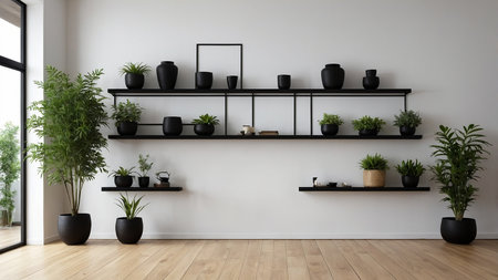 A bright and modern living room features black wall-mounted shelves adorned with black vases, potted plants, and decor items, all against a white wall with a wooden floor, exuding a minimalist aesthetic. AI generated imageの写真素材