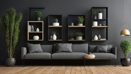 A bright and modern living room features black wall-mounted shelves adorned with black vases, potted plants, and decor items, all against a white wall with a wooden floor, exuding a minimalist aesthetic. AI generated imageの写真素材