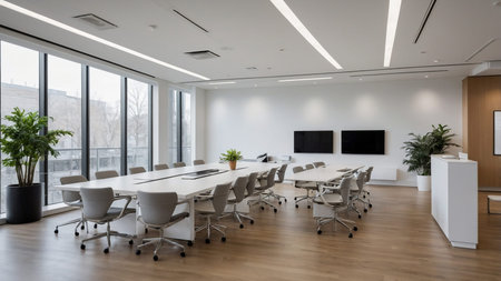 Modern conference room with sleek white tables, ergonomic gray chairs, large panoramic windows, two...