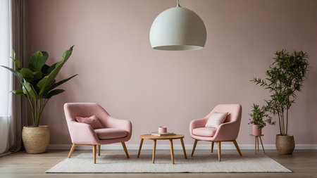A serene, modern minimalist living room featuring light pink chairs, a white overhead lamp, and large potted plants, conveying a cozy and elegant atmosphere perfect for relaxation or socializing. AI generated imageの写真素材
