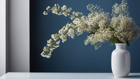 This image features a glossy light blue vase filled with abundant white flowers, set against a contrasting dark blue background, placed elegantly on a sleek white table, highlighting its aesthetic appeal. AI generated imageの写真素材