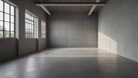 This image shows an empty industrial room featuring raw concrete walls, expansive windows, and overhead pipes with natural sunlight pouring in, capturing a modern minimalist design and feeling of vast space. AI generated imageの写真素材