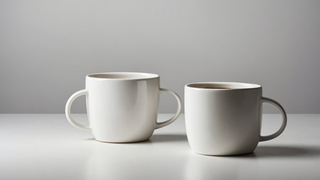 Image depicts two identical white ceramic mugs with handles, positioned next to each other on a white surface against a simple gray background, epitomizing minimalism and functionality. AI generated imageの写真素材