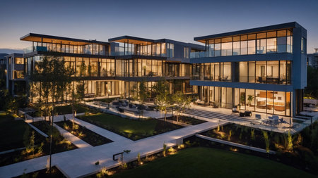 This image showcases a contemporary luxury apartment complex at dusk, featuring illuminated windows, manicured landscaping, and a serene atmosphere in an urban setting. AI generated imageの写真素材
