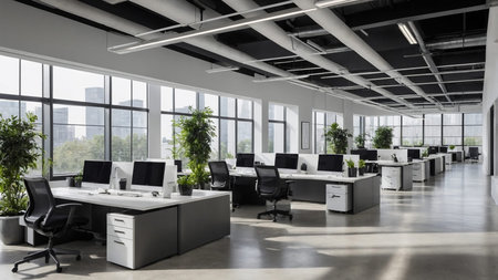 This image showcases a contemporary open-plan office with green accents, ergonomic chairs, plants...