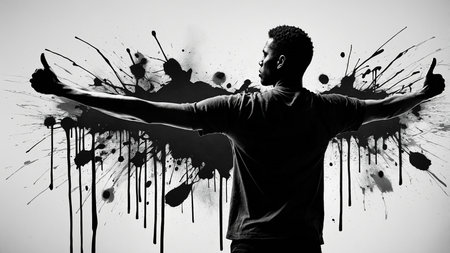This powerful monochrome image features a man with arms spread wide and thumbs up, surrounded by splashes of ink, symbolizing freedom, creativity, and expression. The absence of facial details adds an enigmatic and universal appeal, making it a stunning piece for various artistic and commercial uses. AI generated imageの写真素材