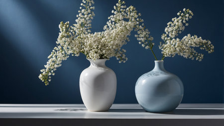 A visually appealing arrangement featuring a round white vase and a glossy blue vase filled with delicate white flowers against a serene blue backdrop. AI generated imageの写真素材