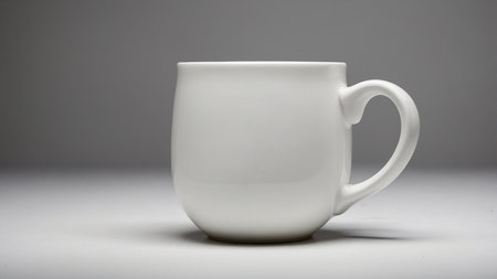 This image captures a simple and minimalistic white coffee mug set against a plain surface and gray background, emphasizing a clean and elegant design perfect for various uses. AI generated imageの写真素材