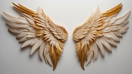 This stunning image features intricately detailed golden and white angel wings set against a clean white background, exemplifying artistic craftsmanship and inspiration. Perfect for various creative uses. AI generated imageの写真素材