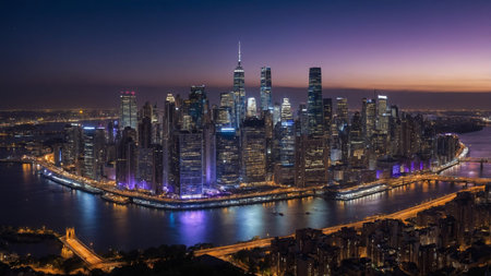 The image captures a breathtaking urban skyline at night, with dazzling lights from skyscrapers reflecting beautifully over a tranquil water surface, conveying peaceful city vibes. AI generated imageの写真素材