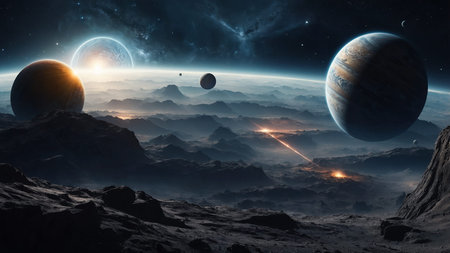 An expansive alien landscape showcases multiple large planets in the sky, with rugged terrain and...