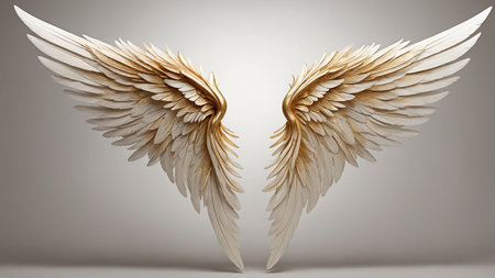 This stunning image features intricately detailed golden and white angel wings set against a clean...