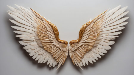 This stunning image features intricately detailed golden and white angel wings set against a clean...