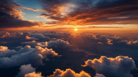 A breathtaking sunset over a hilly landscape with vibrant, colorful clouds and striking sun rays, capturing nature's raw beauty and tranquility, ideal for nature and travel imagery enthusiasts. AI generated imageの写真素材