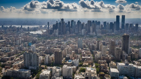 This image captures an expansive aerial view of a cityscape with numerous skyscrapers under a partly...