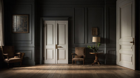 A serene dark room showcases antique furniture, white double doors, and framed artwork, enhanced by elegant wooden flooring, blending classical and modern aesthetics seamlessly. AI generated imageの写真素材