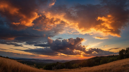 A breathtaking sunset over a hilly landscape with vibrant, colorful clouds and striking sun rays,...