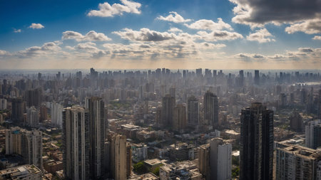 This image captures an expansive aerial view of a cityscape with numerous skyscrapers under a partly cloudy sky, extending all the way to the horizon with a dense network of buildings and streets. AI generated imageの写真素材