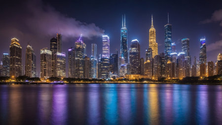 The image captures a breathtaking urban skyline at night, with dazzling lights from skyscrapers reflecting beautifully over a tranquil water surface, conveying peaceful city vibes. AI generated imageの写真素材