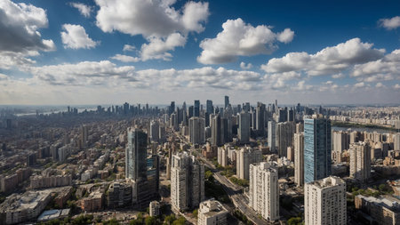 This image captures an expansive aerial view of a cityscape with numerous skyscrapers under a partly...