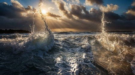 A vibrant and dynamic scene of ocean waves crashing against rocks with the sun setting behind...