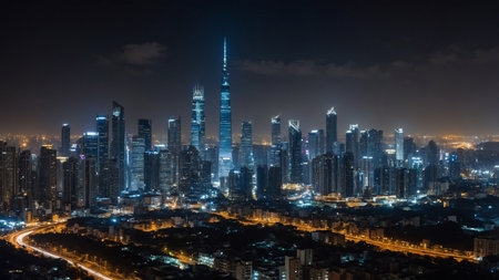 This image showcases an aerial view of a vibrant city skyline at night, featuring prominent skyscrapers, brightly lit buildings, and intricately designed highways illuminated by city lights. AI generated imageの写真素材