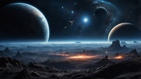 An expansive alien landscape showcases multiple large planets in the sky, with rugged terrain and distant plateaus under a starlit night, evoking a sense of otherworldly grandeur and exploration. AI generated imageの写真素材