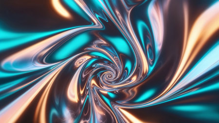 A vibrant abstract swirl of colors, featuring a mix of turquoise, orange, and dark tones. The fluid motion creates a sense of depth and dynamism, resembling a whirlpool or vortex. AI generated imageの素材