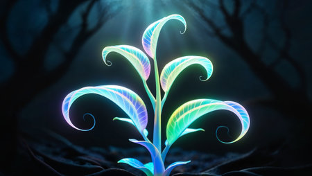 Bioluminescent plant growing in the darkness of a mysterious forest, creating a magical atmosphere. AI generated imageの素材