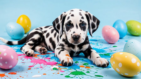 Adorable dalmatian puppy resting amidst colorful easter eggs and vibrant paint splatters on a light blue background. AI generated imageの素材