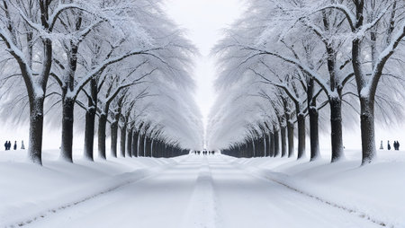 Snow covered path stretching into the distance, bordered by majestic trees, creating a serene winter landscape. AI generated imageの素材