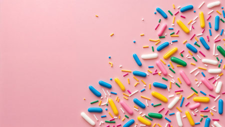 Sweet colorful sprinkles forming a corner frame on a vibrant pink background, creating a cheerful and festive atmosphere. AI generated imageの素材