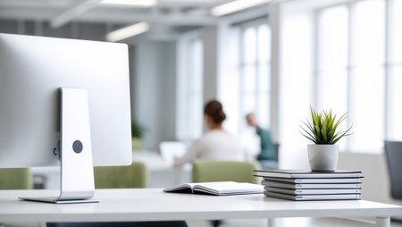 Modern office desk displaying computer, books, and plant, with blurred coworkers working in the background, representing a productive and collaborative workspace. AI generated imageの素材