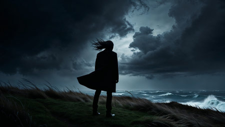 Businessman standing on grassy coast facing stormy ocean waves and dark, windy, cloudy sky. AI generated imageの素材