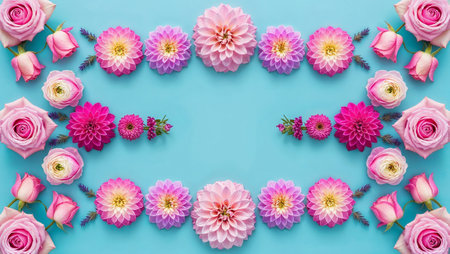 Beautiful frame made of roses, dahlias, and other flowers on a light blue background, creating a delicate and romantic atmosphere. AI generated imageの素材