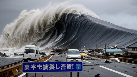 Imminent tsunami wave crashing on a coastal road, causing destruction and panic. AI generated imageの素材