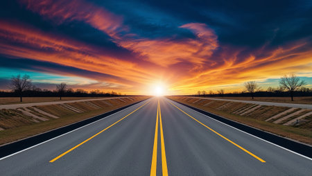 Straight asphalt highway leading to beautiful and colorful sunset sky. AI generated imageの素材