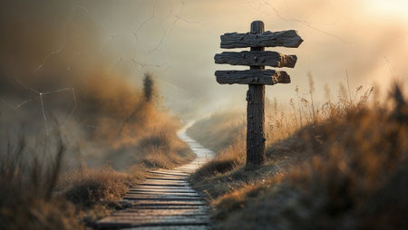 Wooden signpost with multiple directions by a misty path at dawn, creating a mysterious atmosphere. Ai generated imageの素材