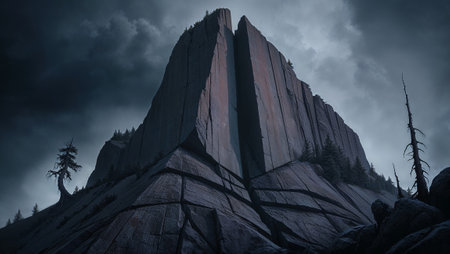 Dramatic sky over imposing rock face looming over sparse vegetation. Ai generated imageの素材