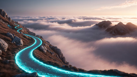 Winding turquoise glowing path illuminates a mountain road above a breathtaking sunset cloudscape. Ai generated imageの素材