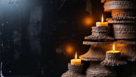 Three burning candles illuminate unique, textured earthenware candle holders set against a dark, scratched backdrop, creating a warm, inviting ambiance. Ai generated imageの素材